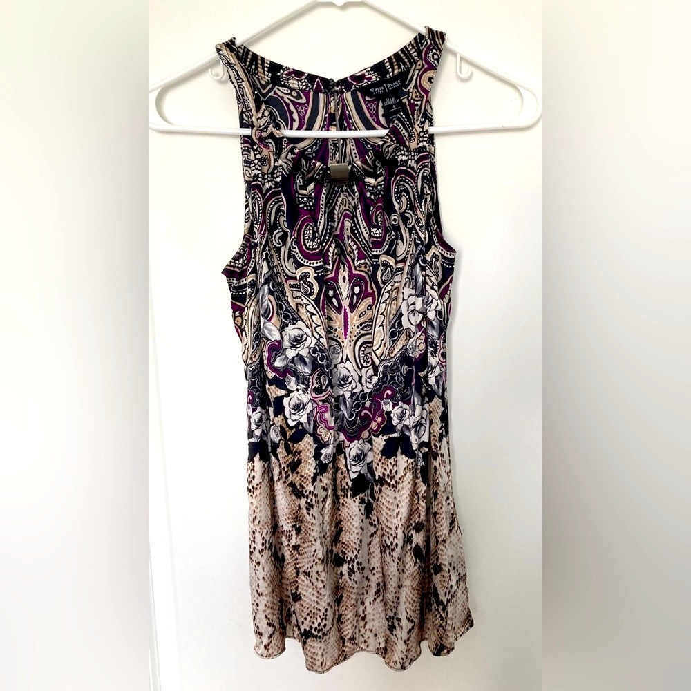 4/$25 White House Black Market Silk Blend Sleeveless Blouse Purple Cream Black